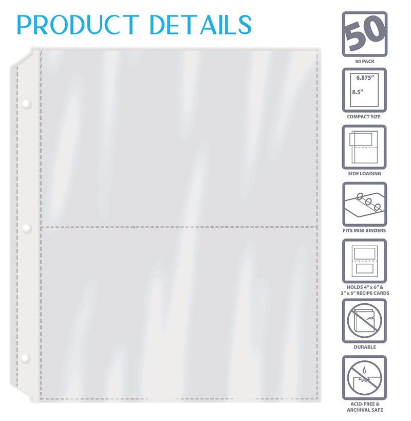 Better Kitchen Products Recipe Card Page Protectors, 50 Count, 4 x 6 inch Pockets, 2 Pockets Per Page, (for Medium Size 8.1/2"x 6-7/8" Binders), Recipe Book Pocket Page Refill Sheets. - Image 3